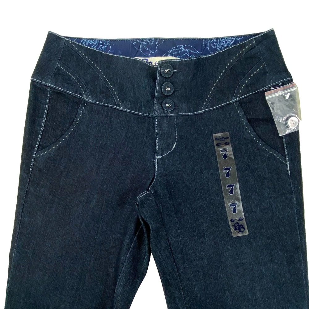 NEW Y2K Boom Boom Jeans Womens 7 Dark Blue Denim Pants Flare Wide Waist Stretchy